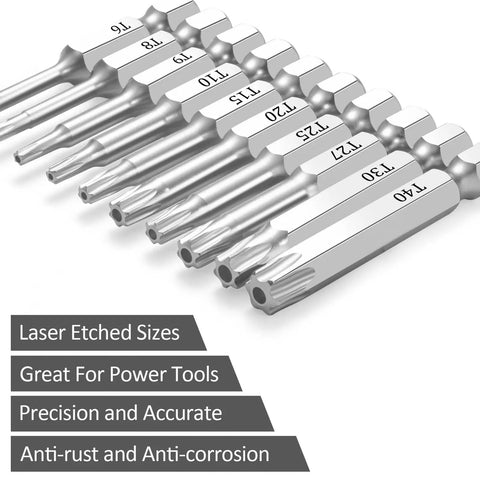 Close-up of 10 Piece Security Torx Bit Set T6 Through T40 With One Quarter Inch Hex Shank Magnetic Tamper Proof Star Bits, S2 Steel.