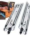Rugged 12 Inch Full Extension Drawer Slides With Locking Mechanism 150 Lb Capacity Side Mount Ball Bearing Rails Smooth Roll For Tool Boxes Cabinets And Rv Durable Steel Side Track Set Of Two Pieces close up of metal rails.