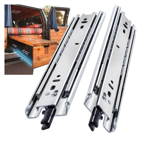 Rugged 12 Inch Full Extension Drawer Slides With Locking Mechanism 150 Lb Capacity Side Mount Ball Bearing Rails Smooth Roll For Tool Boxes Cabinets And Rv Durable Steel Side Track Set Of Two Pieces close up of metal rails.