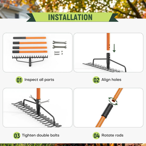 Installation steps for assembling 63 Inch Heavy Duty Bow Rake With 17 Tine Metal Head And Adjustable Handle for yard work