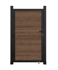 Front view of 6 Ft By 3 Ft Cedar Wood Fence Gate Kit With Aluminum Frame Privacy Gate Board On Board showing lockable handle and caster wheel.