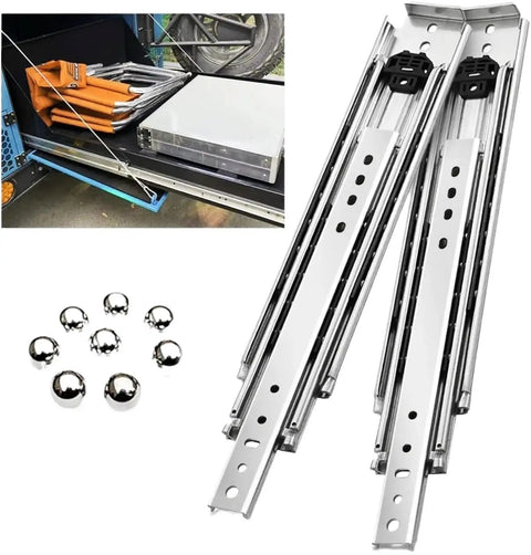 Rock Solid Side Mount Ball Bearing Drawer Slides Heavy Duty Full Extension 58 Inch Industrial Rail Set with smooth glide.