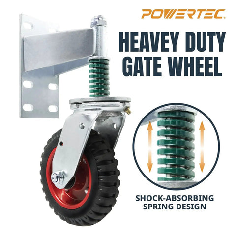 Six Inch Spring Loaded Gate Wheel Swivel Caster For Driveway Fences And Gates Beefy Heavy Duty 500 Lbs Roll Smooth On Wood Metal And More 360 Degree Rotation Hardware And Gloves Included with shock-absorbing spring design