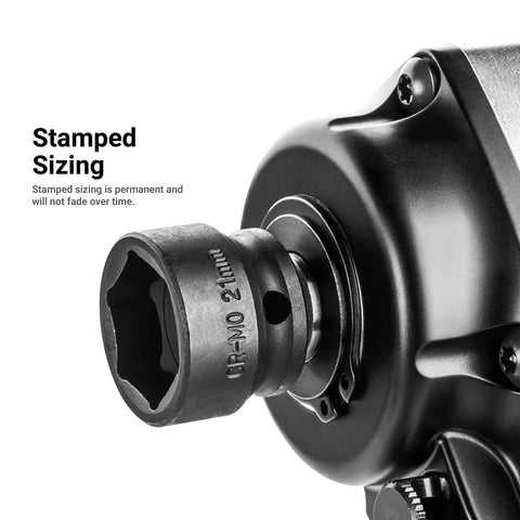 Stubby Impact Socket Set For Half Inch Drive, Metric 10 To 24 Mm attached to power tool, showing stamped sizing