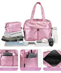 45L Waterproof Duffle Bag For Women Lightweight Carry On Weekender With Separate Shoe Pocket And Multiple Internal Pockets Durable Travel Tote For Gym And Weekend Getaways Pink displayed with organized contents