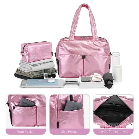 45L Waterproof Duffle Bag For Women Lightweight Carry On Weekender With Separate Shoe Pocket And Multiple Internal Pockets Durable Travel Tote For Gym And Weekend Getaways Pink displayed with organized contents