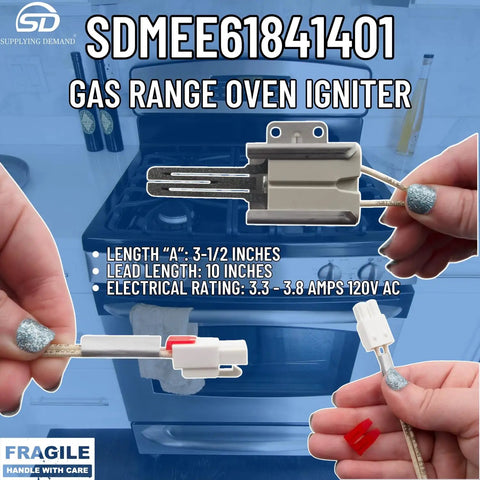 Gas Range Oven Igniter Replacement Model Specific Not Universal Fits Specific Appliance Models. Features visible dimensions.