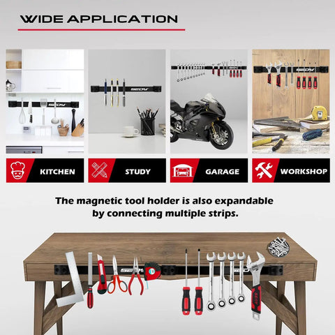 Magnetic Tool Holder Storage Organizer 7-Piece Set for garage wall mount rack on workbench with tools and wide applications shown