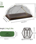 Mongar 2 Person Backpacking Tent For 3 Season Camping Ultralight Freestanding Double Layer Shelter dimensions and weight display.