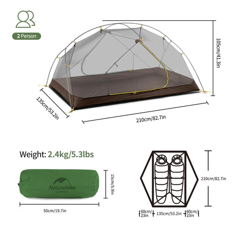Mongar 2 Person Backpacking Tent For 3 Season Camping Ultralight Freestanding Double Layer Shelter dimensions and weight display.