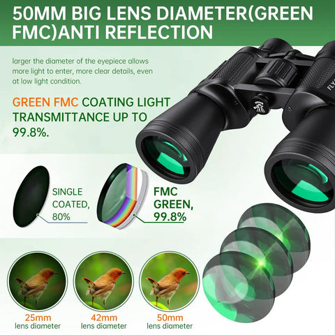 50mm lens of 20x50 High Power Waterproof Binoculars For Adults With Low Light Vision, highlighting FMC anti-reflection coating.