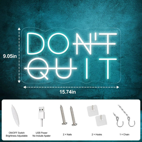 DO IT LED Neon Sign For Wall Decor USB Powered Switch Neon Lights For Office Gym Man Cave And Gaming Room Vibe Motivational Wall Art With Adjustable Blue And White Colors shown with dimensions and installation kit components