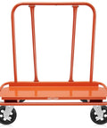 Heavy Duty Drywall Sheet Cart And Panel Dolly Equipped With Four Swivel Casters Rock Solid Orange Steel Platform front view with smooth rolling wheels.