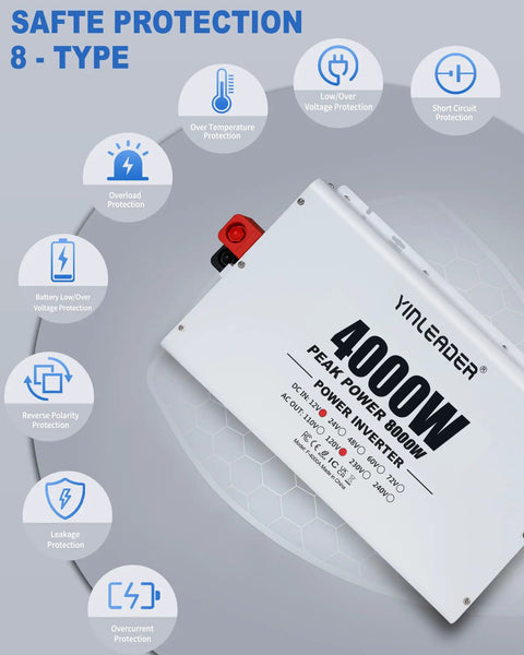 Rig Ready 4000W Power Inverter shows safety protection features with overload and short circuit icons on inverter design.