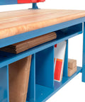 Heavy Duty Maple Packing Workbench With 72 Inch Wide Butcher Block Top And 5000 Pound Capacity Featuring Adjustable Leveling Glides, showcasing lower shelf storage.