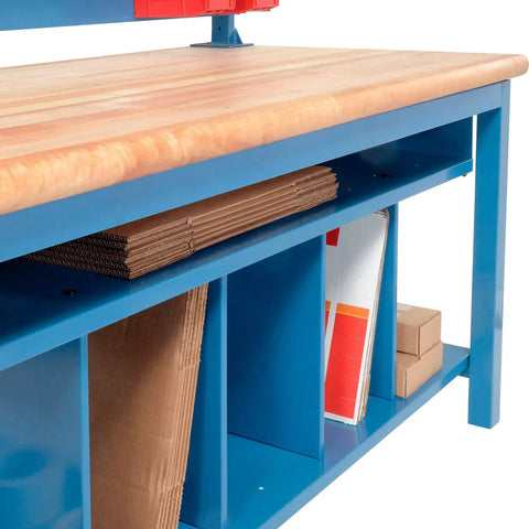Heavy Duty Maple Packing Workbench With 72 Inch Wide Butcher Block Top And 5000 Pound Capacity Featuring Adjustable Leveling Glides, showcasing lower shelf storage.
