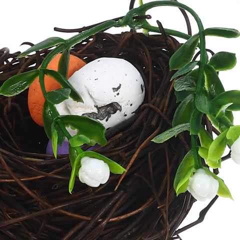 Totally Farmhouse Easter Truck With Eggs Mini Diecast Vintage Pickup Decor with eggs and greenery in a nest.