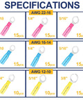 All-In-One 125 Pcs Heat Shrink Ring Wire Connectors With Crimping Tool Waterproof Automotive And Marine Electrical Terminal Kit Insulated Crimp Connectors For No-Fuss Quick Wiring On Any Project specifications chart showing wire sizes and color-coded connectors.