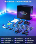 RGB Waterproof LED Strip Lights Kit With Dimmable 5050 Tape 4 Pre Cut 48Inch Strips RF Remote UL Listed Power Supply And Connectors displayed with accessories on a blue background