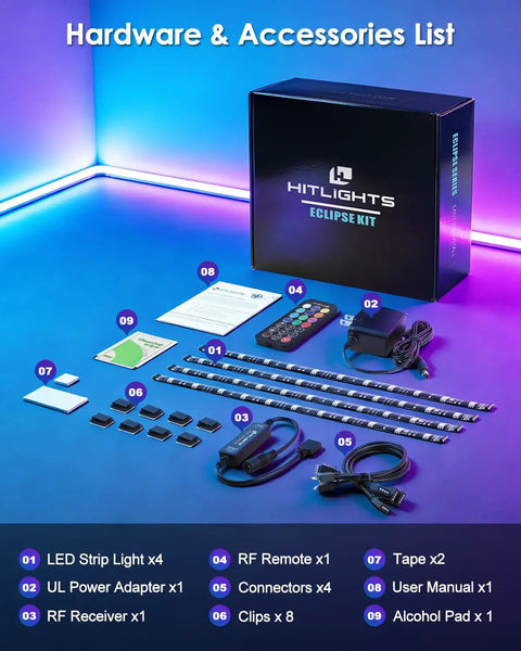 RGB Waterproof LED Strip Lights Kit With Dimmable 5050 Tape 4 Pre Cut 48Inch Strips RF Remote UL Listed Power Supply And Connectors displayed with accessories on a blue background