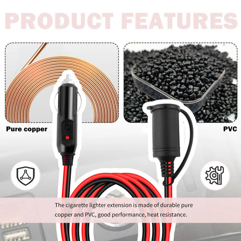 3Ft Cigarette Lighter Extension Cable With Glowing Led Indicator And Rock Solid 15Amp Rating For Your Daily Driver Featuring 16Awg Wire Gauge, PVC and copper materials.