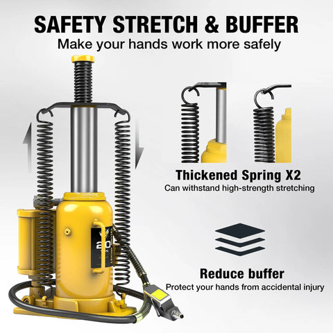 Top Shelf Pneumatic Air Bottle Jack With 20 Ton Capacity And Manual Hand Pump Plus Air Pump, showcasing safety stretch and buffer features.