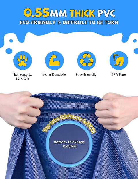 Close-up of blue non-slip splash pad material, highlighting 0.55mm thickness and durable eco-friendly features for patio use.