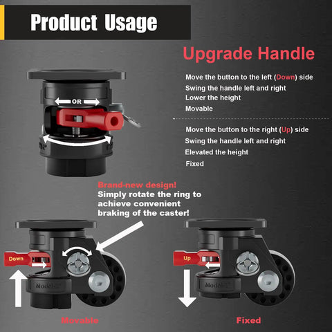 Built Like A Tank 2 Inch Heavy Duty Low Profile Leveling Casters With Brake Swivel Set Of Four Handle user guide showing height adjustment features.