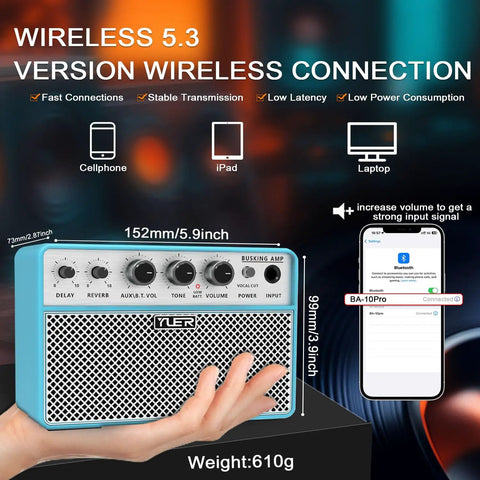 10W Portable Acoustic Guitar Amp With Dual One Quarter Inch Inputs For Guitar And Microphone, Bluetooth 5.3, Blue Design