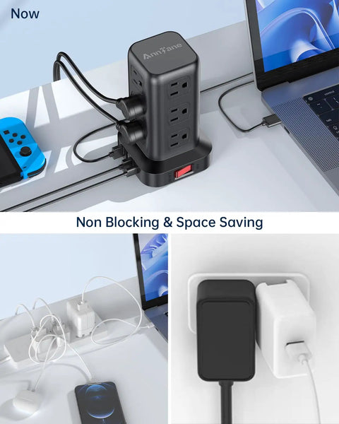 Surge Protector Power Strip Tower With 10 Ft Cord And 12 Outlets, 4 USB Ports Including 1 USB C for home office setup.