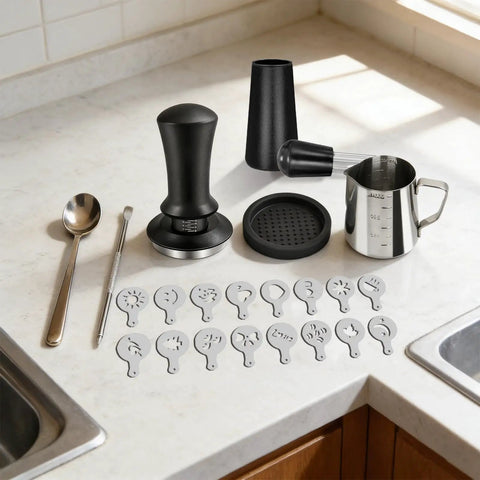 All-In-One 58mm Espresso Accessories Kit With Spring-Loaded Calibrated Tamper, WDT Tool, Milk Pitcher, Latte Art Pen, Spoon, Tamper Mat, and 16 Latte Art Stencils for Delonghi 58mm Espresso Machines and Portafilters on kitchen counter.