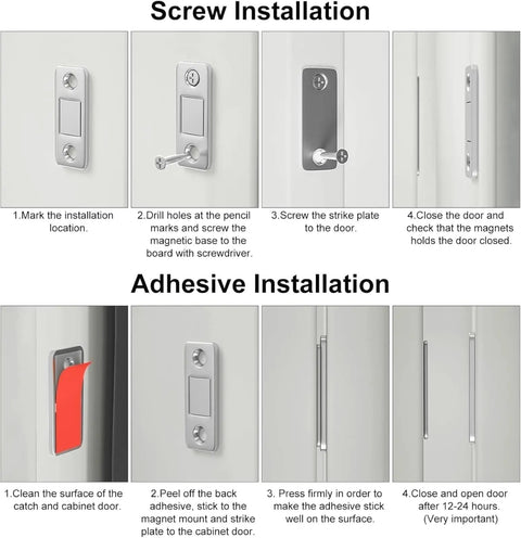 Steps for screw and adhesive install of Ultra Thin Magnetic Cabinet Catch With 10 Lbs Hold Strength Adhesive Or Screw Mount 4 Pack