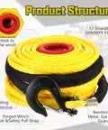 Half Inch By 100 Foot Synthetic Winch Rope Kit With 32000 Pound Breaking Strength Protective Sleeve Forged Hook Aluminum Buckle
