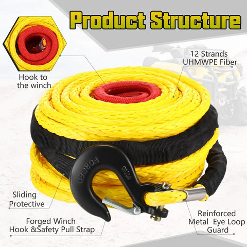Half Inch By 100 Foot Synthetic Winch Rope Kit With 32000 Pound Breaking Strength Protective Sleeve Forged Hook Aluminum Buckle