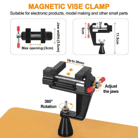 Magnetic vise clamp for Helping Hands Soldering Third Hand With 3X And 6X LED Magnifying Lamp, adjustable jaws, 360° rotation