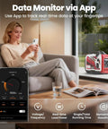 2400 Watt Portable Inverter Generator With Smart App Control Ultra Quiet Engine And Reliable Clean Power Ready To Roll For Campground Days And Home Power Backup, shown with a user monitoring data on a smartphone.
