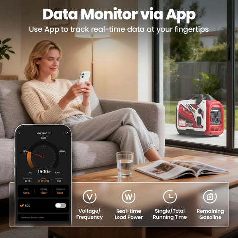 2400 Watt Portable Inverter Generator With Smart App Control Ultra Quiet Engine And Reliable Clean Power Ready To Roll For Campground Days And Home Power Backup, shown with a user monitoring data on a smartphone.