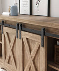 5 Ft Double Barn Door Hardware Track Kit For Cabinets And Closets installed on wooden cabinet with I shape hangers