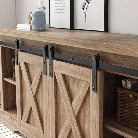 5 Ft Double Barn Door Hardware Track Kit For Cabinets And Closets installed on wooden cabinet with I shape hangers