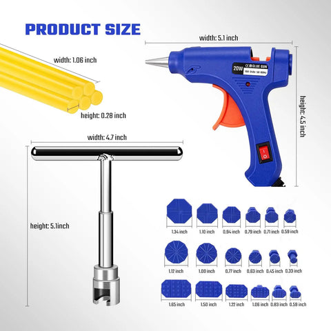 Paintless Car Dent Repair Kit With Portable Dent Puller Tools 28 Piece Dent Removal Set For Car Doors Hail Damage And Refrigerator Dents No Drilling Safe On Paint Easy DIY Body Fix glue gun and puller sizes
