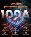 100A BMS protection system for 12V 100Ah LiFePO4 Battery with safeguards against overcharge, short circuit, and overheating.