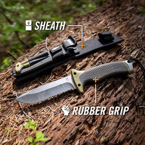 Ultimate Survival Knife With Fixed Blade And Combo Edge Fire Starter Ferro Rod Whistle And Sheath With Integrated Sharpener