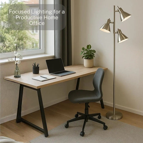 Brushed Nickel Floor Lamp With Three Adjustable Reading Heads, Modern Pole Light Stands 64 Inches Tall beside office desk