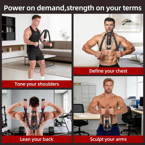 Get Pumped With This Premium Hydraulic Chest Expander Machine For Home Gym in use, showcasing varied workouts for upper body strength.