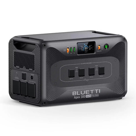 Apex 300 Portable Power Station with 2764.8Wh LFP Battery, black, featuring multiple AC outlets and digital display.