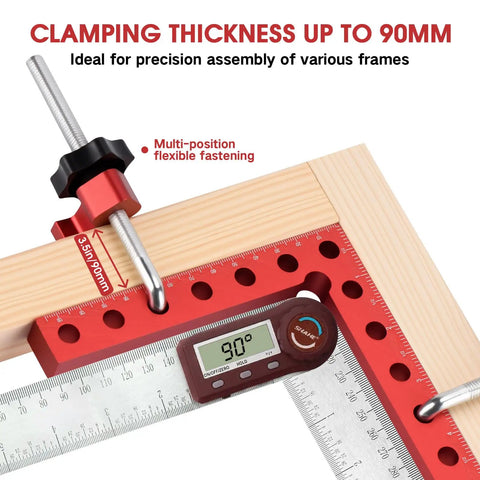 Four Pack 5.5 Inch Aluminum Alloy Right Angle Corner Clamp Set For Woodworking, ultra precise 90 degree positioning squares shown in use.