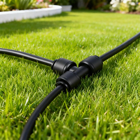 No Hassle Quick Connect Drip Irrigation Tee Fittings For 1/4 Inch Tubing installed on lawn