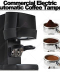 Heavy Duty Automatic Coffee Tamper With Adjustable Pressure Dial For Home Baristas And Specialty Shops showing sleek black design and espresso basket.