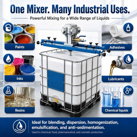 Industrial Pneumatic Paint Mixer For IBC Totes, 304 Stainless Steel Agitator, Pro Grade Heavy Duty Stirrer For Paint Resin Ink And Chemicals, Emulsion Mixing For 265 Gallon Capacity Tanks, Efficient Convection And Shear Action, shown on IBC tote