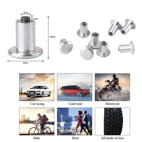 100 Piece 9 Mm Tire Stud Screws And Tough Tungsten Steel Snow Tire Spikes, 9mm diameter, 10mm length, shown with various tire types.
